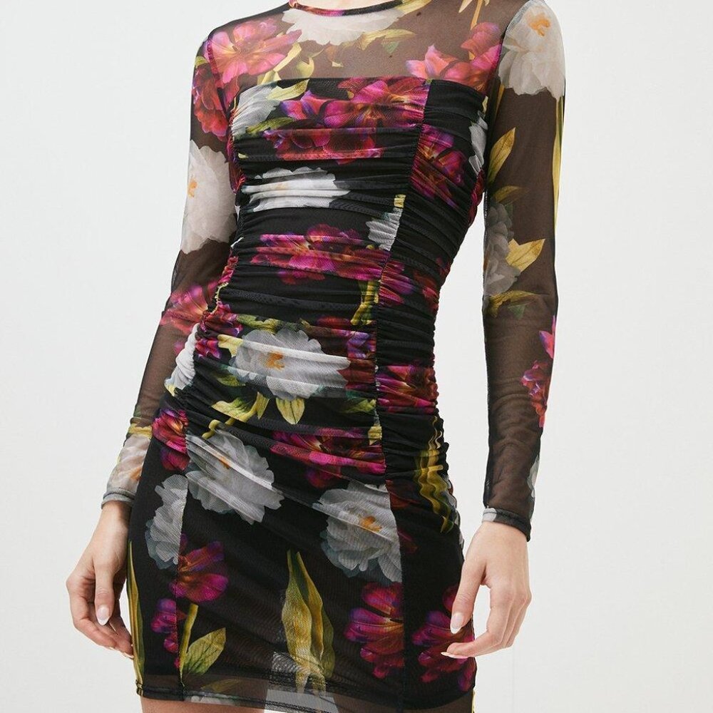 NWOT Karen Millen Curve Iris Floral Ruched Waist Jersey Dress Bodycon Tulle Mesh